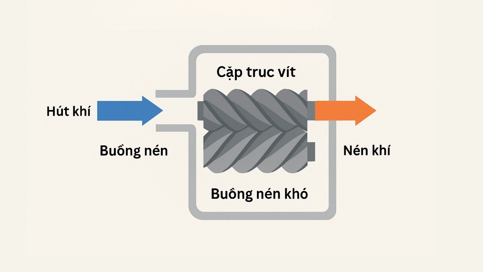 Cấu tạo bên trong của máy nén khí trục vít không dầu, bao gồm cặp trục vít và buồng nén khô.