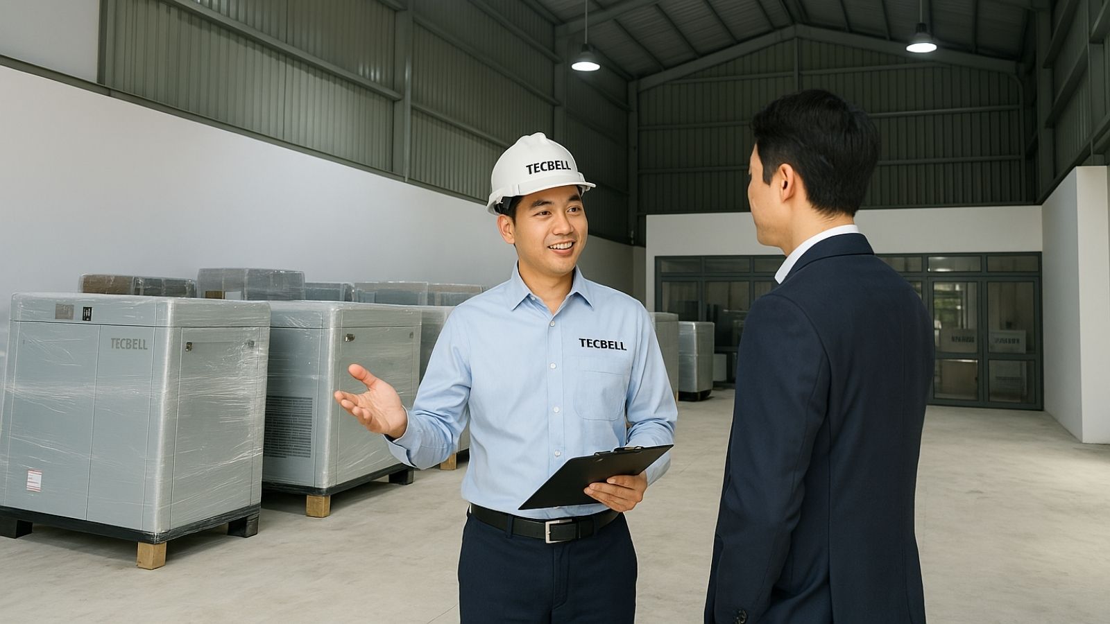 Nhân viên Tecbell Việt Nam đang tư vấn giải pháp khí nén sạch cho khách hàng.